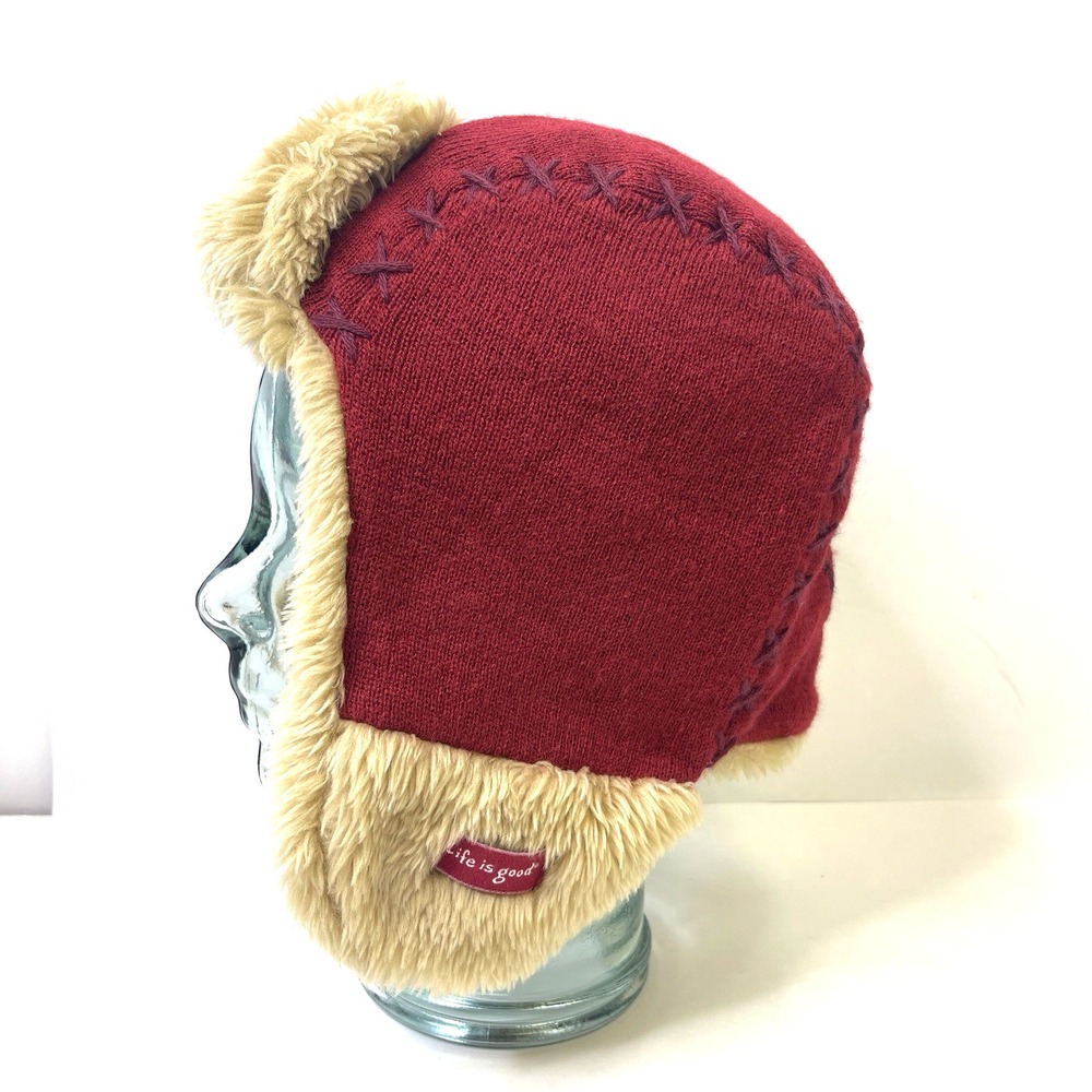 Life Is Good Trapper Hat Red‎ Knit Faux Fur Lined Ear Flap Winter Warm One Size